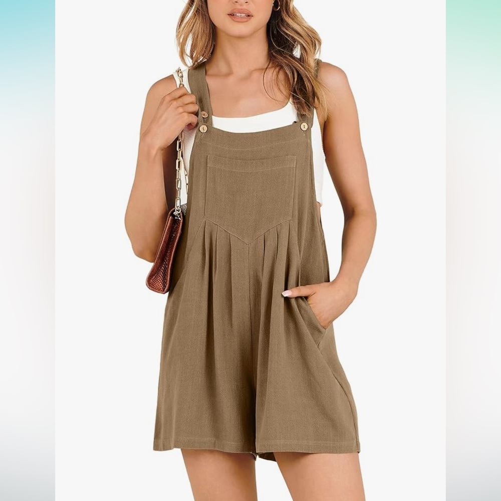 NWT DOSE Bib overall romper adjustable straps rayon/linen blend khaki size M.